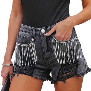 CYLADY (Amazon Brand) | Rhinestone Fringe Shorts | Black | size: L